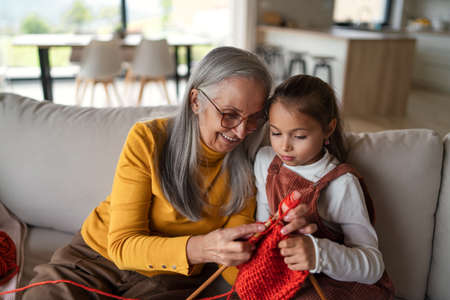 Little girl sitting on sofa with her grandmother and learning to knit indoors at home.の写真素材