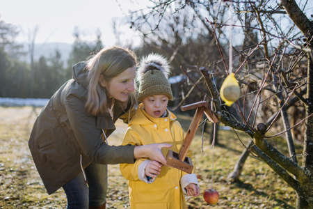Boy with Down syndrome feeding birds in garden in winter with his mother.