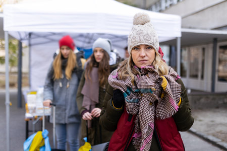 Depressed Ukrainian refugee woman crossing border and looking at camera.の写真素材