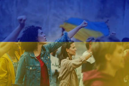 Double exposure of crowd of activists protesting against Russian military invasion in Ukraine and...