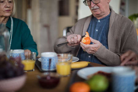 Group of cheerful seniors enjoying breakfast in nursing home care center.の写真素材