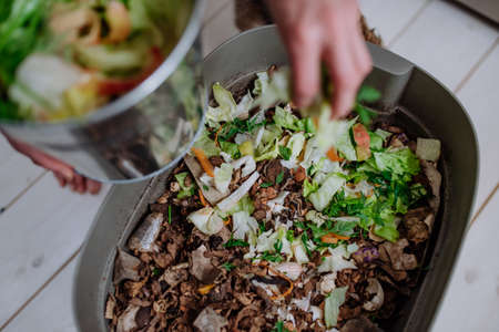 Woman throwing vegetable cuttings in a compost bucket in kitchen.