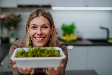 Woman holding pot with cress growing from seed at home.の写真素材