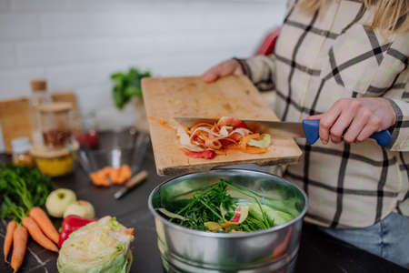 Woman throwing vegetable cuttings in a compost bucket in kitchen.の写真素材