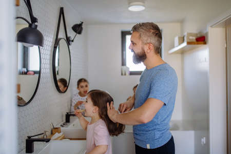 Father brushing his little daughters hair in bathroom, morning routine concept.の写真素材