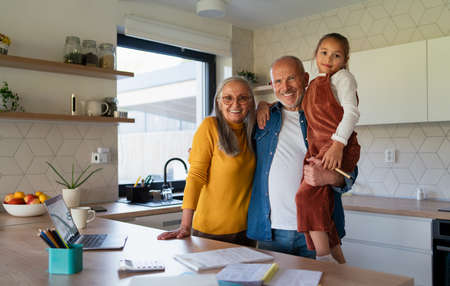 Small girl with senior grandparents doing maths homework at home.の写真素材