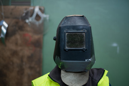 Unrecognizable man welder with helmet working in industrial factory.の写真素材