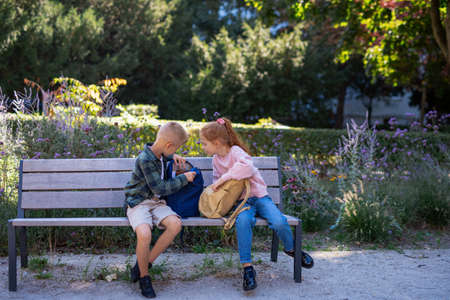Happy kids sitting on bench outdoor in park , talking and preparingand homework.の写真素材