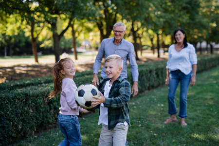 Happy little children with grandparents playing with ball outdoors in parkの写真素材