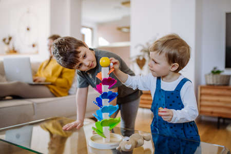 Little siblings playing with montessori wooden marble run in living room, their mother is sitting on...