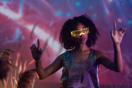 Metaverse digital cyber world technology, woman with virtual reality VR goggles playing augmented...