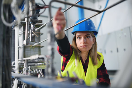 Portrait of female engineer working in industrial factory, doing checkup control.の写真素材