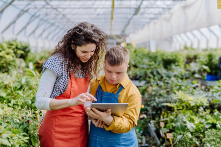 Experienced woman florist helping young employee with Down syndrome to check flowers on tablet in garden centre.の写真素材