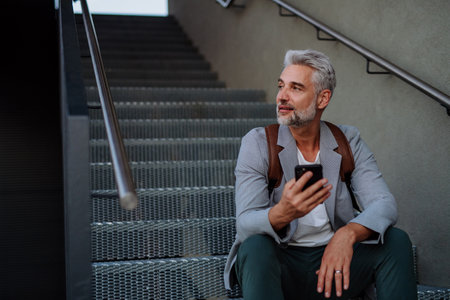 Successful happy businessman waiting in city street, sitting on stairs and calling on mobile phone, commuting concept.の写真素材