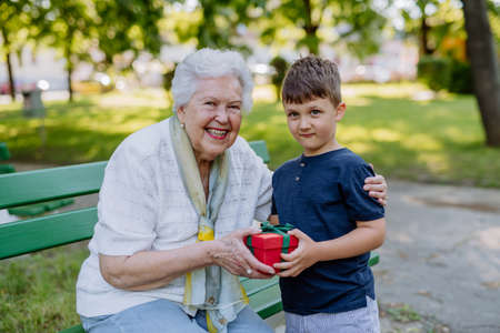 Grandchild surprised her grandmother with a birthday present in the park. Lifestyle, family conceptの写真素材