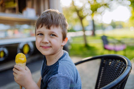 Little boy enjoying ice cream in park during hot summer day, looking at camera and smiling.の写真素材