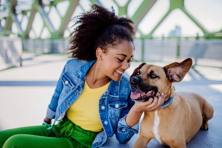 Multiracial girl sitting and resting with her dog outside in the bridge, training him, spending leisure time together. Concept of relationship between dog and teenager, everyday life with pet.の写真素材