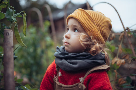 Portrait of little blond girl in autumn garden with warm clothes.の写真素材