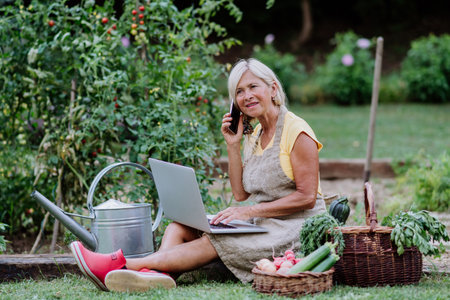 Senior woman makes a phone call while using laptop and handling orders of her homegrown organic vegetables in garden, small business concept.の写真素材