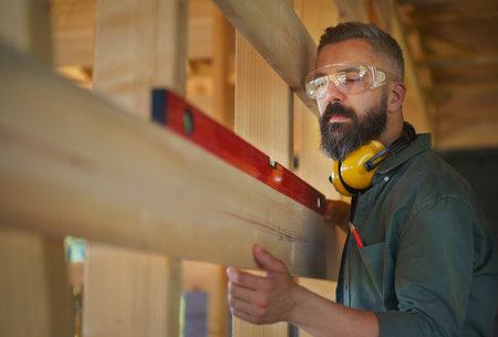 Carpenter checking wooden planks with spirit level, diy eco-friendly homes concept.の写真素材
