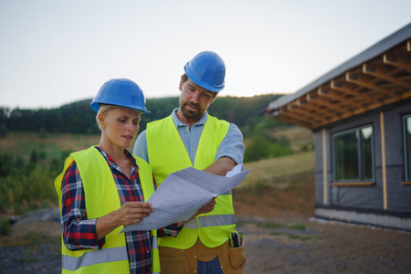 Construction engineers or architects checking blueprints in front of unfinished eco building frame...