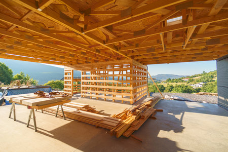 Construction of ecological renewable low energy sustainable wooden eco house.