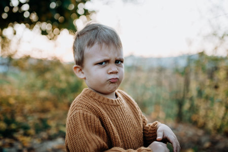 Portrait of upset little boy wearing knitted sweater in nautre, autumn concept.の写真素材