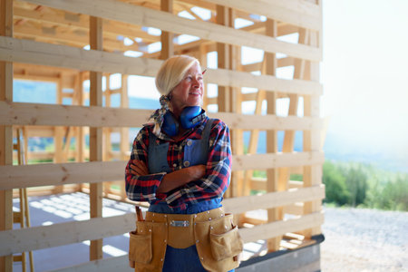 Senior woman in working clothes posing outdoor of her unfinished ecological sustainable wooden eco house. Concept of active independent women and seniors, eco house and healthy lifestyle.の写真素材