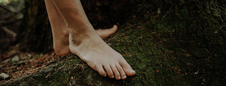 Close-up of barefoot legs walking in nature. Concept of healthy feet.の写真素材