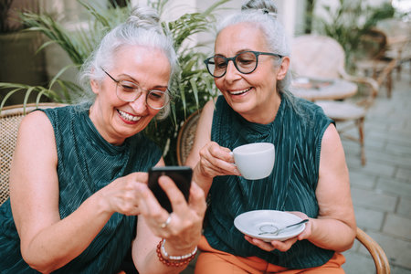 Happy senior women twins having coffee break in city, smiling and checking phone.の写真素材