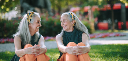 Happy seniors women, twins sitting in city park, smiling and talking.の写真素材