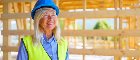 Portrait of elderly woman with protective helmet and yellow vest working at sustainable wooden eco building.の写真素材