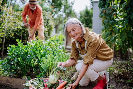 Happy senior couple working and harvesting vegetables from their garden.の写真素材