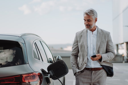 Businessman holding smartphone while charging car at electric vehicle charging station, closeup.の写真素材