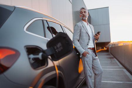 Businessman holding smartphone while charging car at electric vehicle charging station, closeup.の写真素材