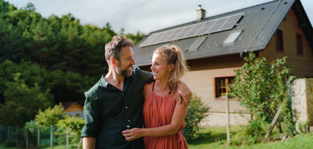 Happy couple standying near their house with solar panels. Alternative energy, saving resources and sustainable lifestyle concept.の写真素材