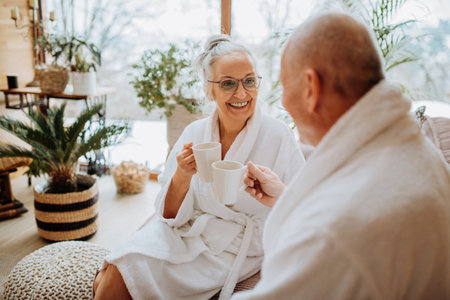 Senior couple in bathrobes enjoying time together in their living room, drinking hot tea, calm and hygge atmosphere.の写真素材