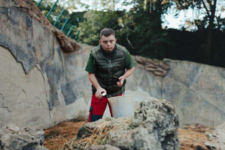 Caretaker with down syndrome in zoo giving food in animal enclosure. Concept of integration people...