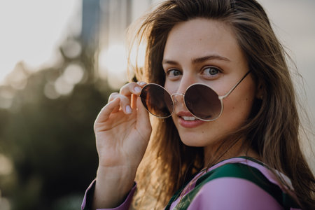 Portrait of beautiful young woman outdoor in city, during sunset.の写真素材