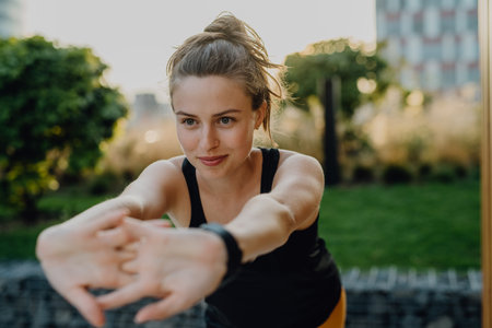 Young woman doing stretching in city, preparing for run, healthy lifestyle and sport concept.の写真素材