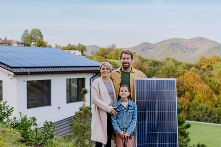 Happy family near their house with solar panel. Alternative energy, saving resources and sustainable lifestyle concept.の写真素材