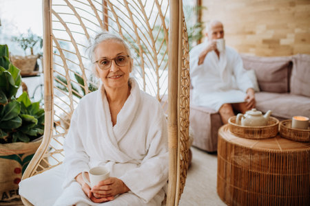 Senior woman sitting on indoor swing and looking at camera, her husband enjoying cup of tea in background.の写真素材