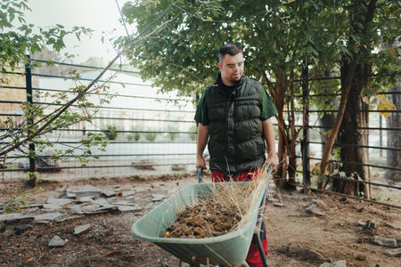 Caretaker with down syndrome in zoo pushing wheelbarrow after cleaning animal enclosure. Concept of...
