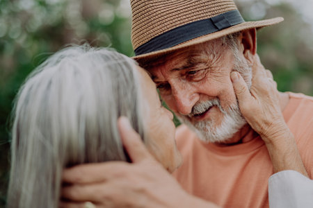 Portrait of senior couple in love, standing outdoor in nature, stroking cheeks.の写真素材