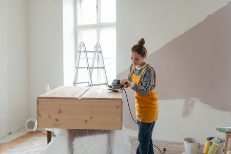Happy young woman remaking wooden cabinet in her new flat. Concept of reusing materials and sustainable lifestyle.の写真素材