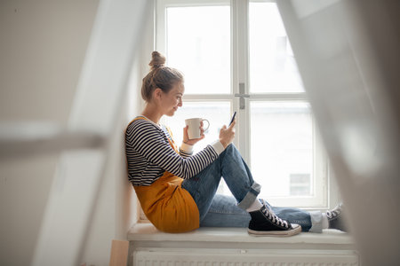 Happy young woman having break during renovation her aparatment. Using phone, searching inspiration at social medias.の写真素材