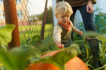 Little boy harvesting pumpkin in their garden.の写真素材