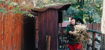 Caretaker with down syndrome in zoo giving food in animal enclosure. Concept of integration people...