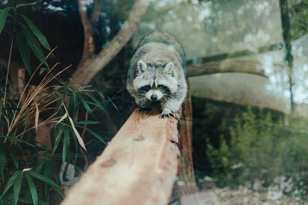 Close-up of raccoon behind glass in zoo.