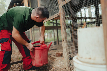 Caretaker with down syndrome in zoo giving water in animal enclosure. Concept of integration people...
